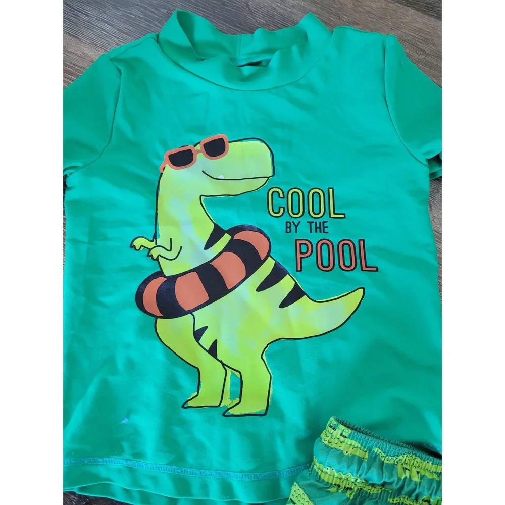 Cat & Jack Boys Green Dinosaur Alligator Rash Guard Swim Trunks Set 3T #3